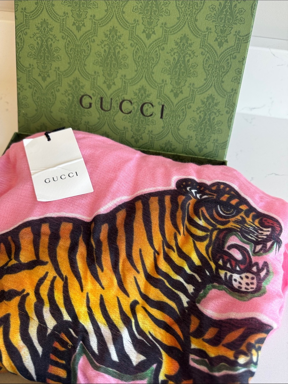 Gucci Pink Scarf with Bold Orange and Black Tiger Motif